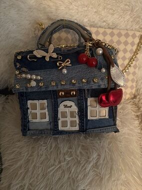 Custom Novelty Denim House-Shaped Women’s Handbag with Red Cherry Charm